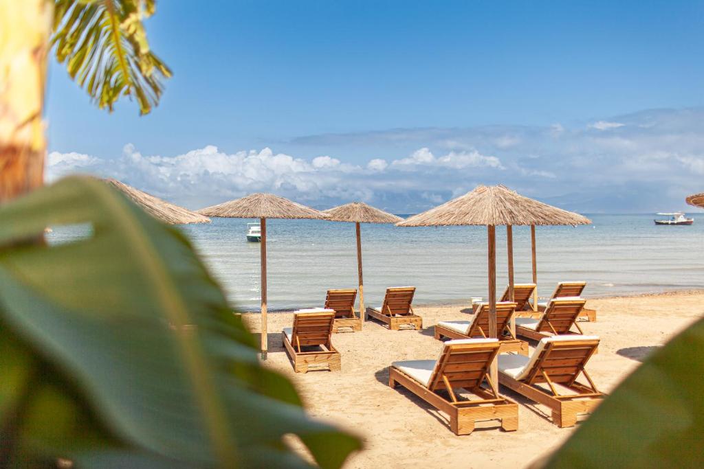 a group of chairs and umbrellas on a beach at Erosea Beach Resort in Kavos