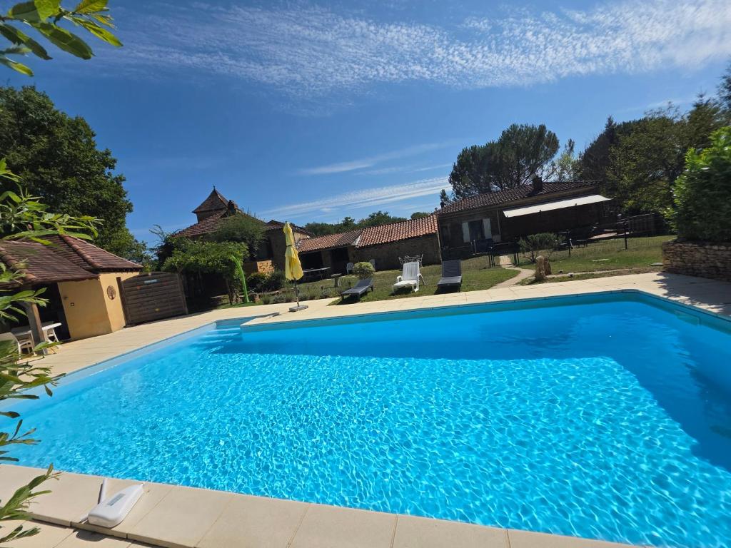 une piscine avec de l'eau bleue dans une cour dans l'établissement Gîtes Le Carpe Diem, Cottage Le Petit Pattaris, à Frayssinet-le-Gélat