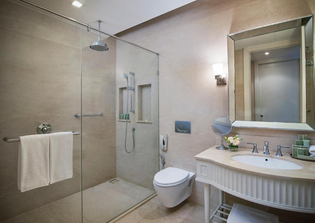 A bright bathroom combines a walk-in rain shower with a vanity and toilet.