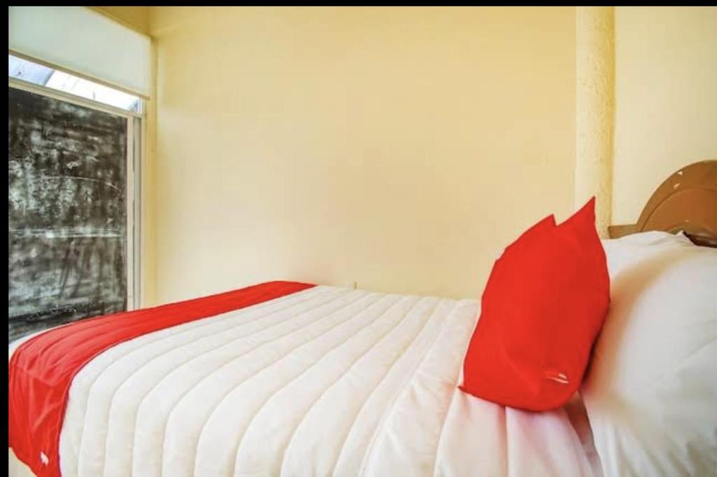 a bedroom with a bed with a red pillow on it at Hospedaje Villa Hidalgo in Villa Hidalgo