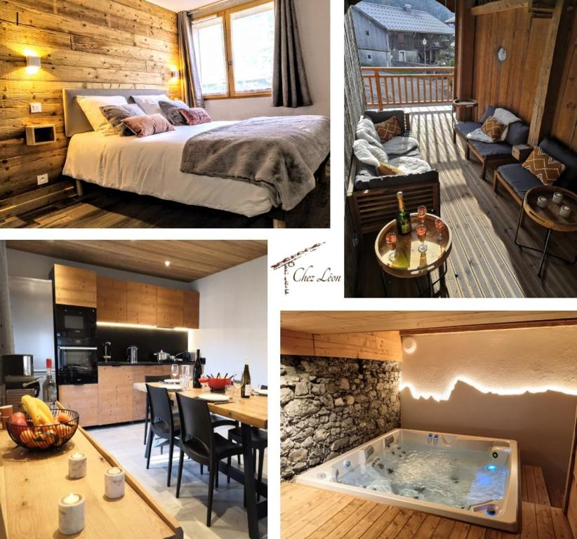 a collage of pictures of a hotel room with a tub at Chez Léon Jacuzzi et sauna in Samoëns