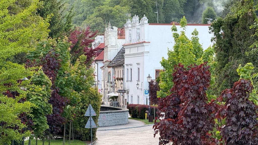 a small town with a white building and trees at Kamienica Biała in Kazimierz Dolny