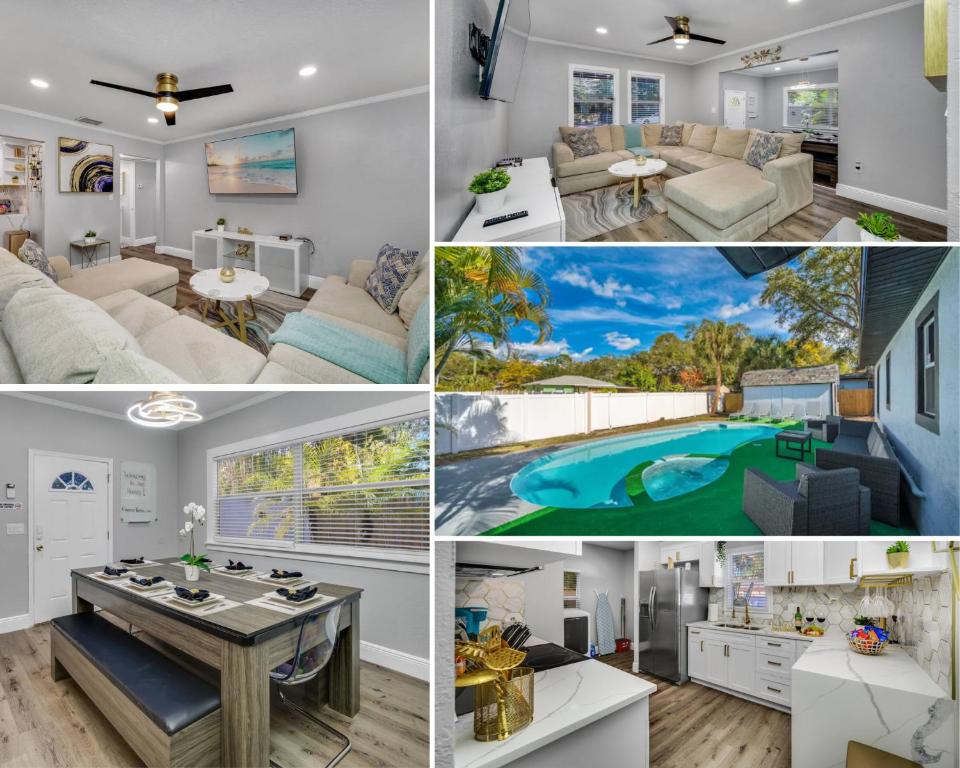 een collage van foto's van een woonkamer en eetkamer bij Tampa Retreat with Heated In-Ground Pool & Spa in Tampa