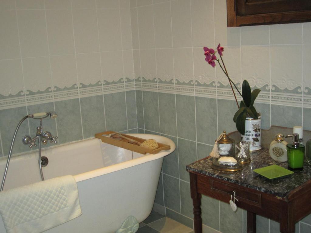 a bathroom with a bath tub and a table with a plant at La Petite Richerie in Nouans-les-Fontaines