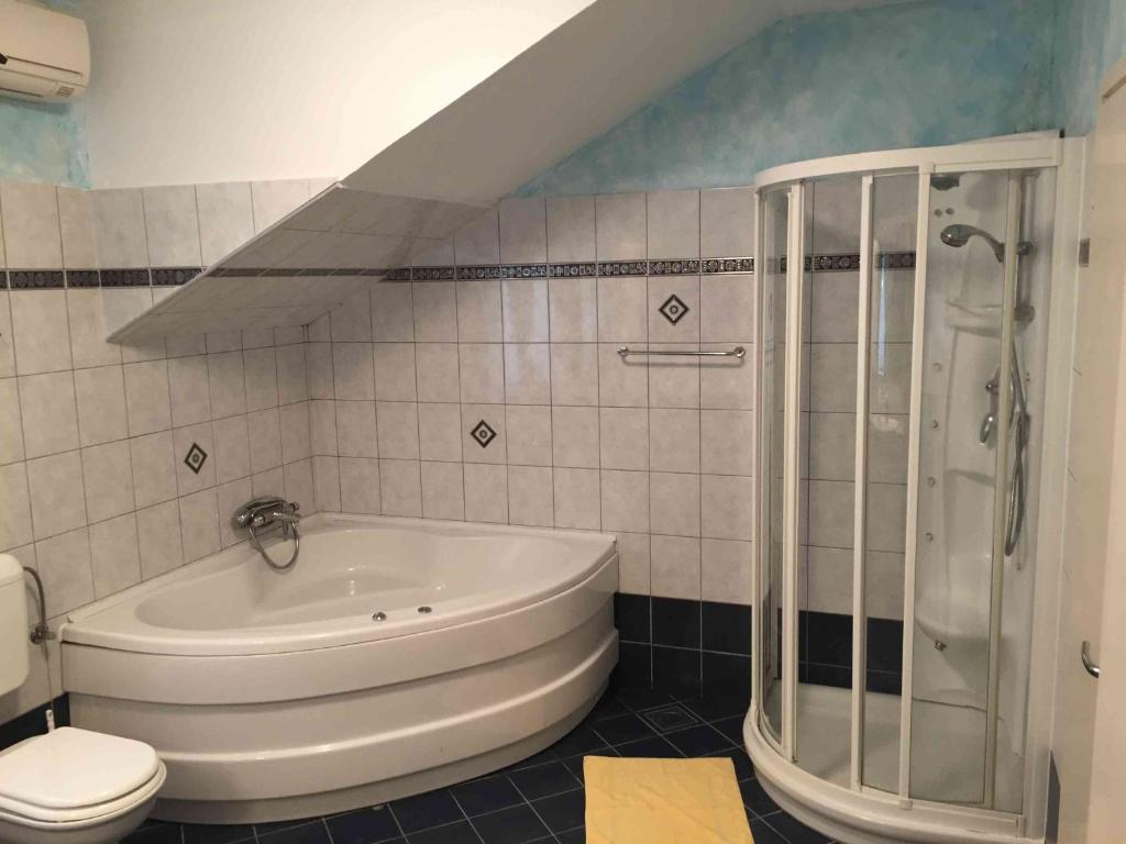 a bathroom with a shower and a toilet and a sink at Apartments Oliva in Poreč