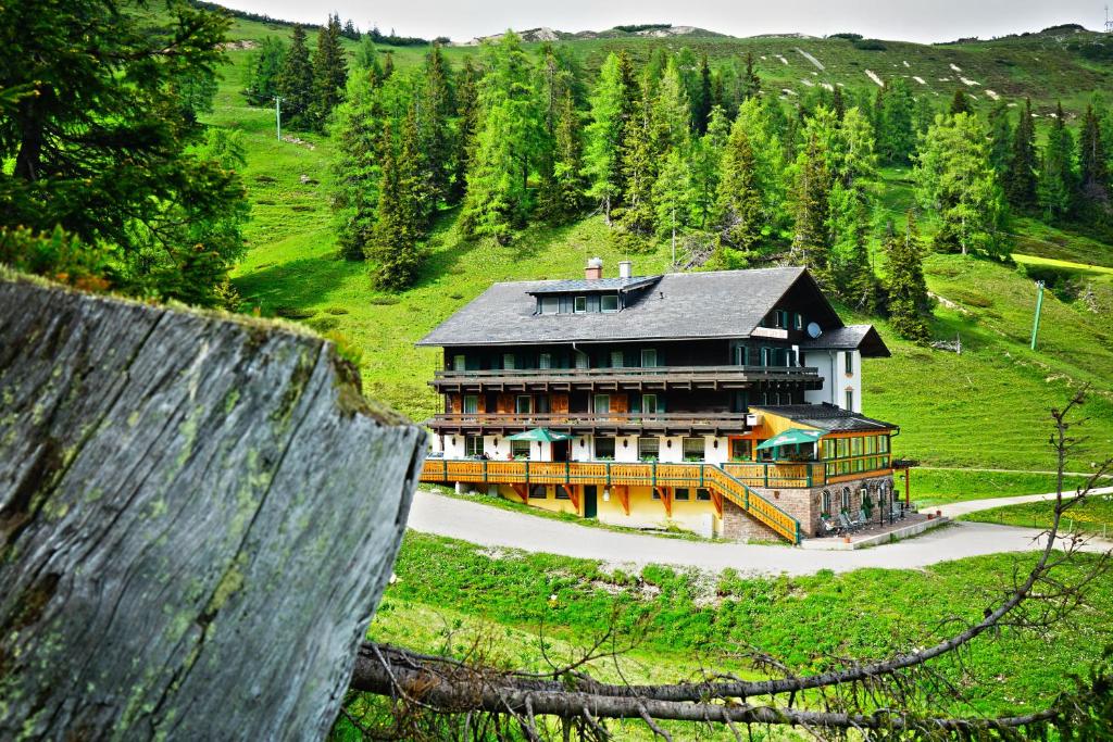 una casa grande en una colina en un campo en Hotel Alpen Arnika en Tauplitzalm