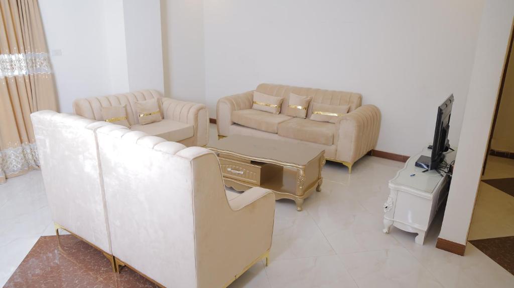 a living room with two couches and a tv at My Dream Apartment in Addis Ababa