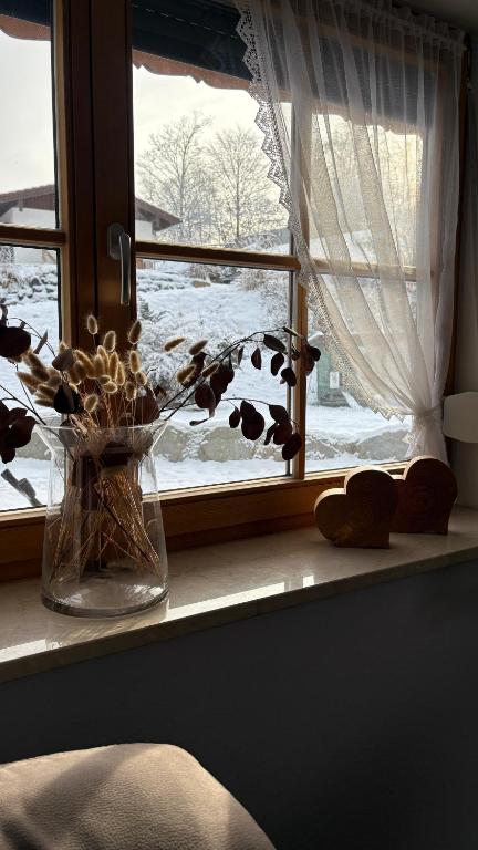 a vase of flowers sitting on a window sill at Ferienwohnung Mariengrund in Schönau am Königssee