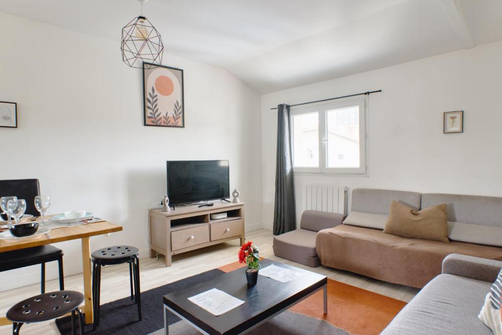 a living room with a couch and a tv at Appartement Spacieux 80 m2 in Bobigny
