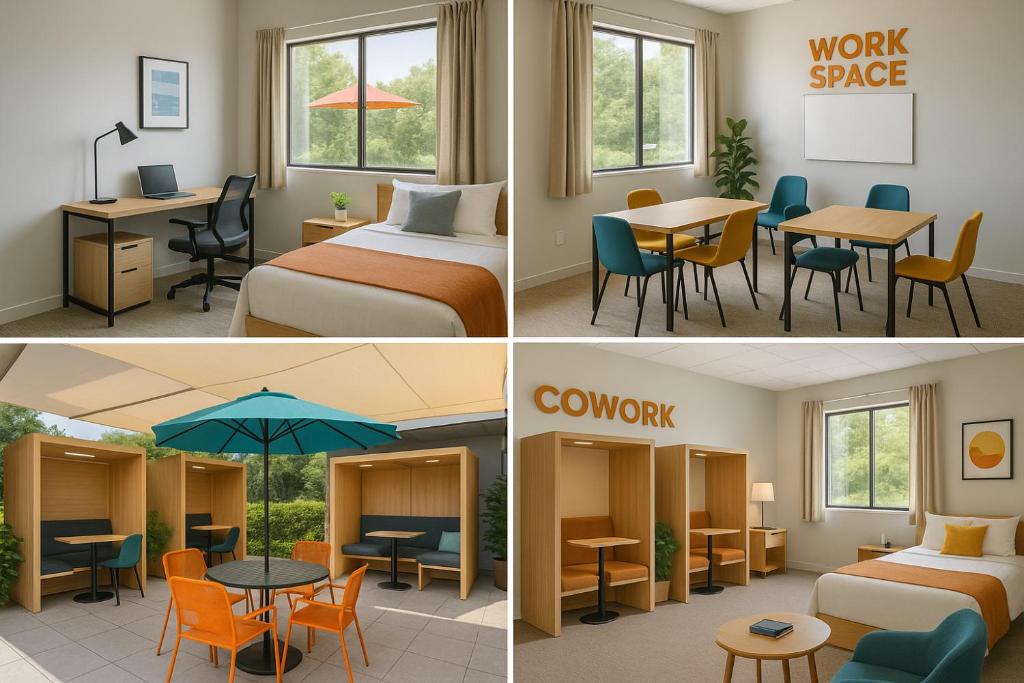 Un collage de cuatro fotografías de una habitación de hotel. en SacraPod Suites College Inn, en Spartanburg