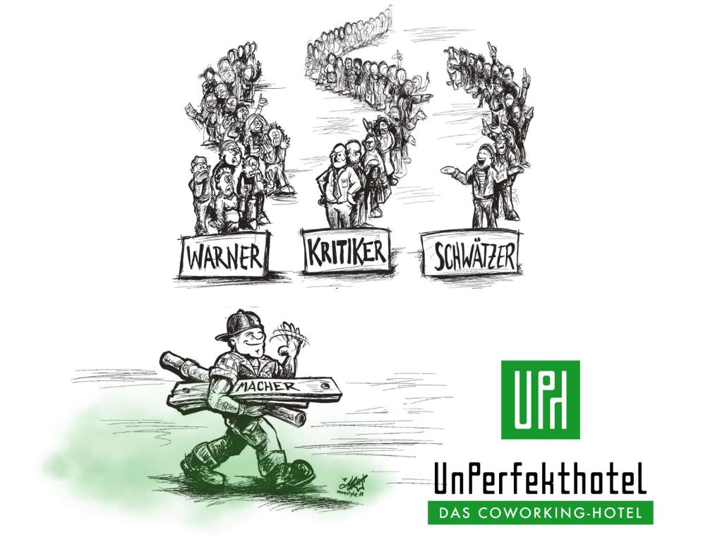 a cartoon comparing the united states versus the united kingdom at Unperfekthotel CoWorkingHotel in Essen