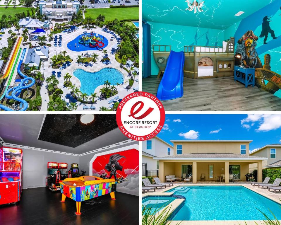 a collage of photos of a water park and a resort at Glorious Home Near Disney With Game Room, Themed Rooms, Waterpark & Resort Access At Encore Resorts Reunion - 7643Wi in Kissimmee