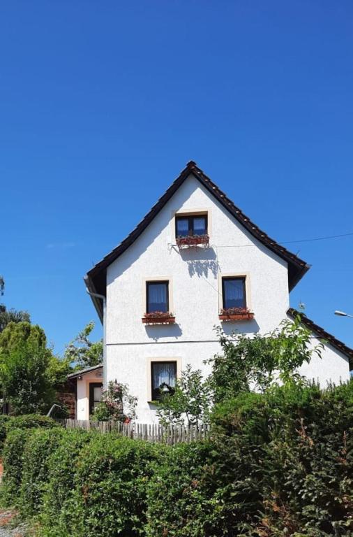 a white house with two windows and a fence at Ferienhaus in Gera