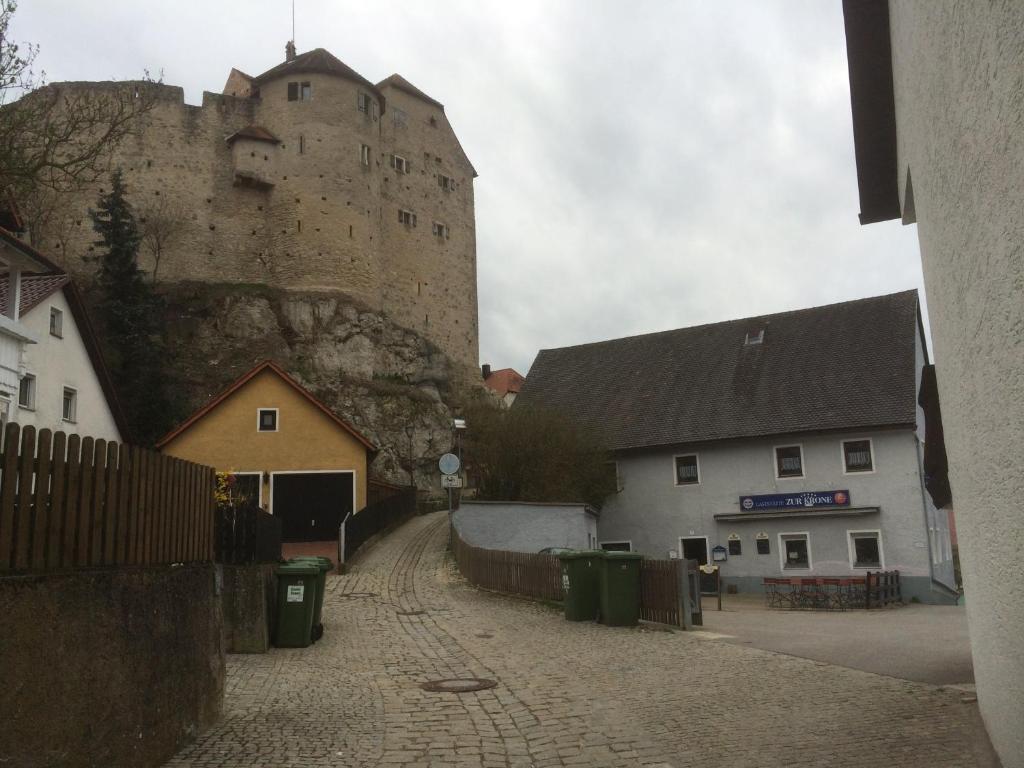 a castle sitting on top of a hill next to buildings at Zur Krone in Wolfsegg