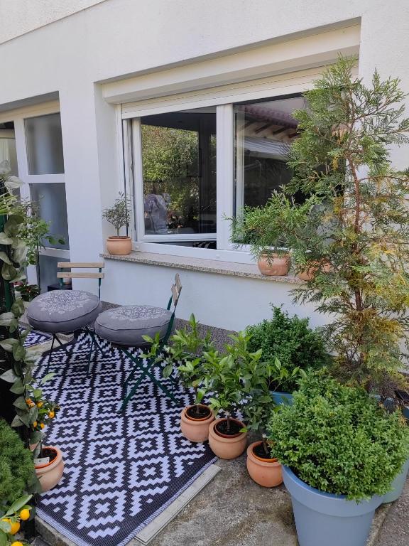 a patio with potted plants and a window at Studio Koper in Koper