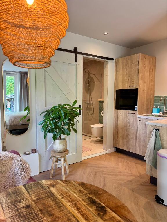 a living room with a potted plant and a bathroom at Bij Julia in Den Burg