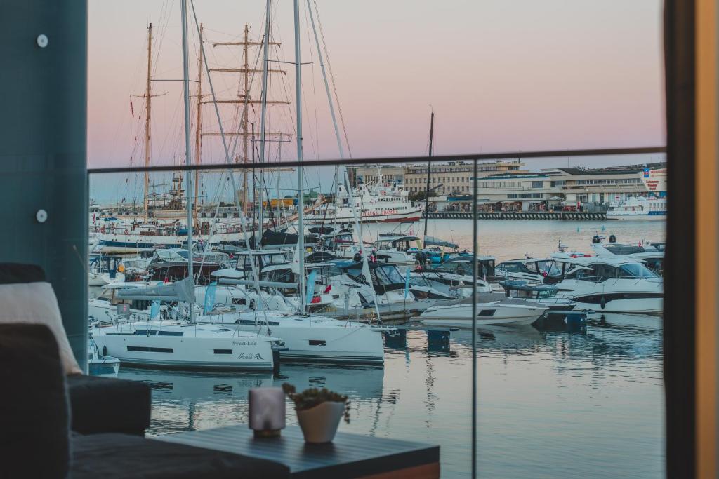 una vista di un porto turistico con barche in acqua di Yacht Park Marina ekskluzywny apartament z widokiem na Marinę Gdynia a Gdynia