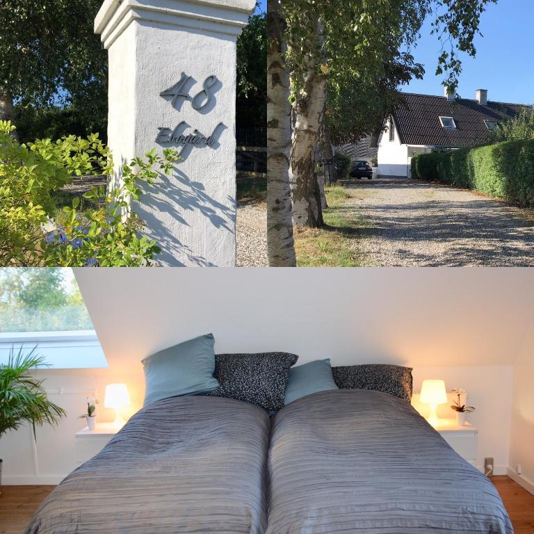 a collage of two pictures of a bed in a house at Ebogaard in Hillerød
