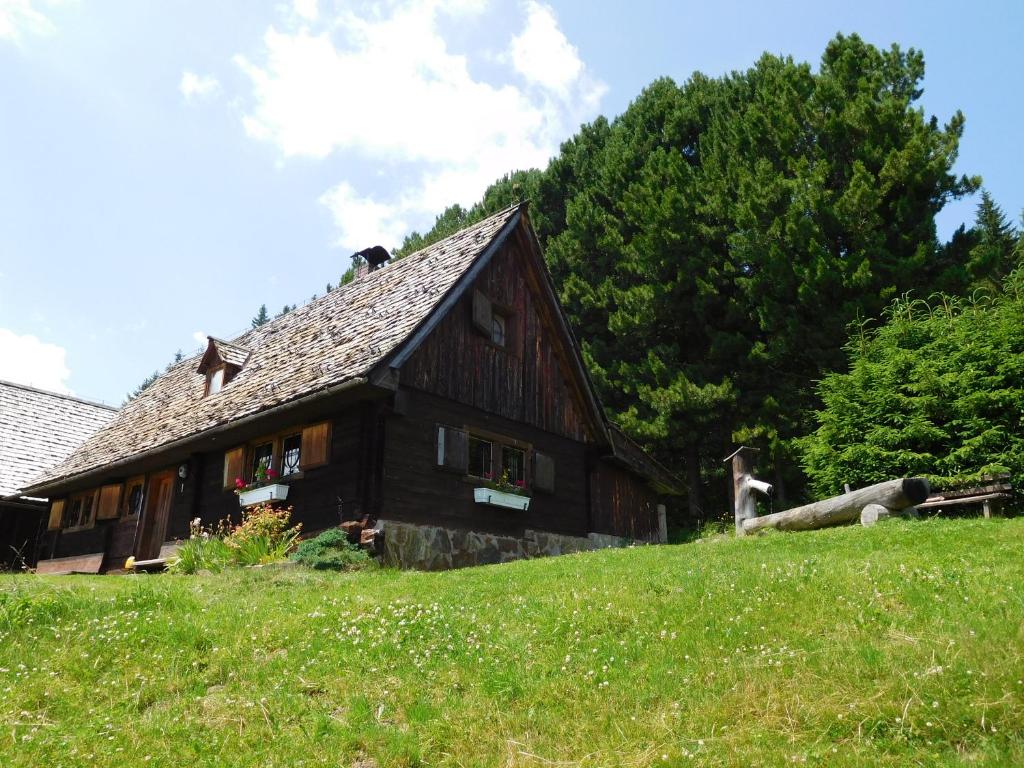 a wooden house on a grassy hill next to a field at Almhütte Ödenhübl in Katschwald