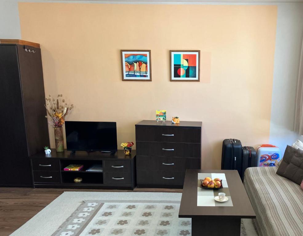a living room with a tv and a dresser at Ski Lift Studio 531 in Bansko