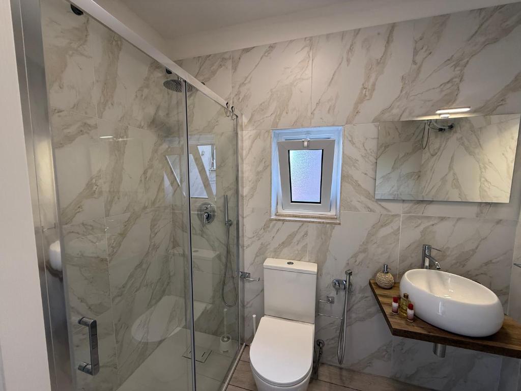 a bathroom with a shower and a toilet and a sink at Borgo Sant Agata in Catania