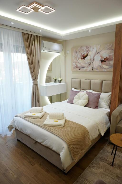 une chambre avec un grand lit avec un tableau au mur dans l'établissement Apartman NIKOLINA, à Vrnjačka Banja