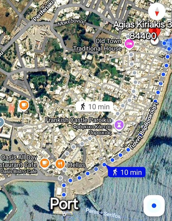 a map of a city with colored circles at Panorama in Parikia