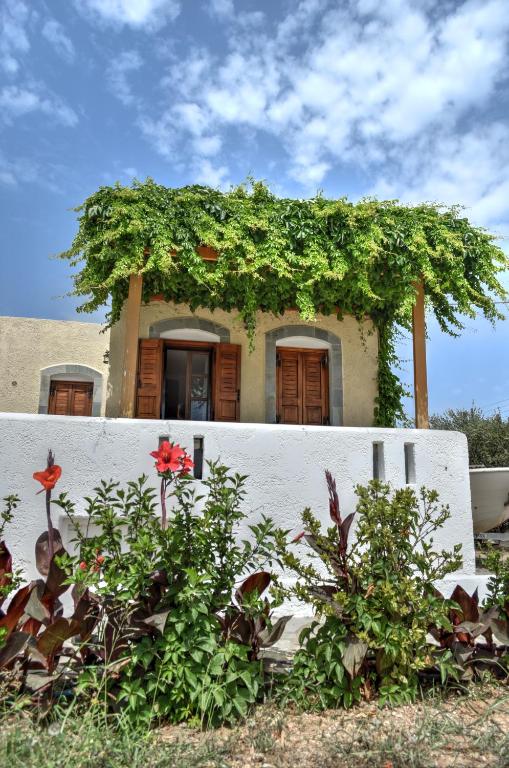 a house covered in ivy with a white fence at Grandes Apartments Kouremenos in Palekastron
