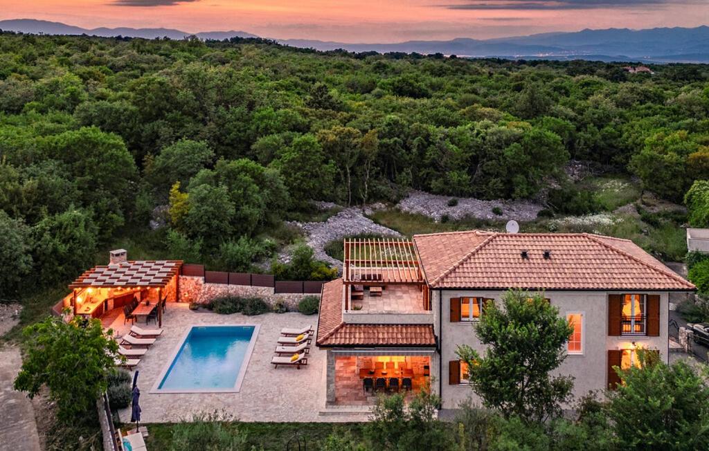 an aerial view of a house with a swimming pool at Villa LuLu kamena villa s maslinikom otok Krk Dobrinj selo Gostinjac in Krk