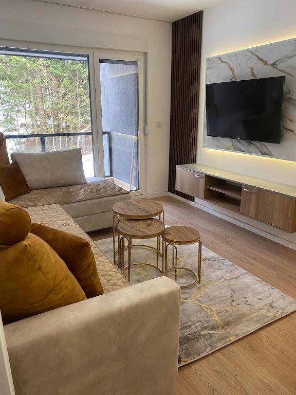 a living room with a couch and a tv at Studio Apartman ALIMRAN in Bjelašnica
