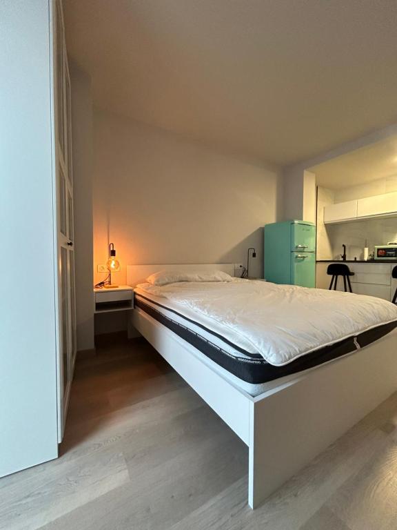 ルーゴにあるApartamentos muralla de Lugoの緑色の冷蔵庫がある部屋にある大きなベッド