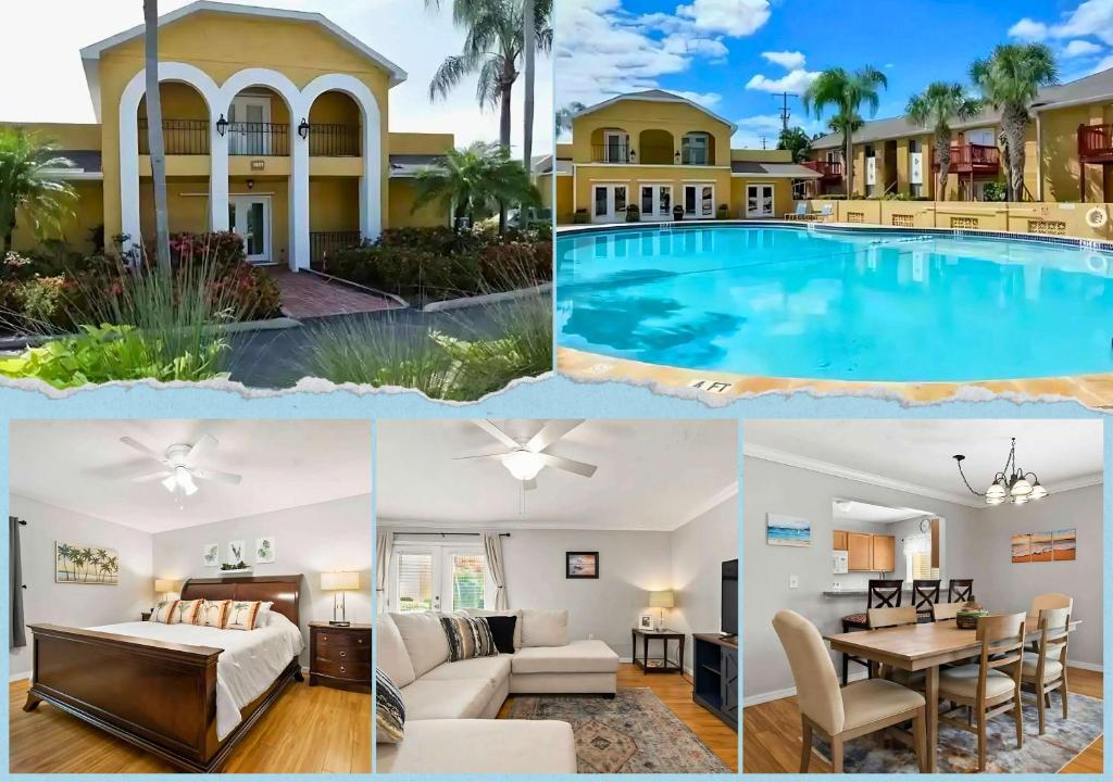 een collage van foto's van een huis met zwembad bij Lovely 3 bedroom first floor condo on golf course in Sarasota