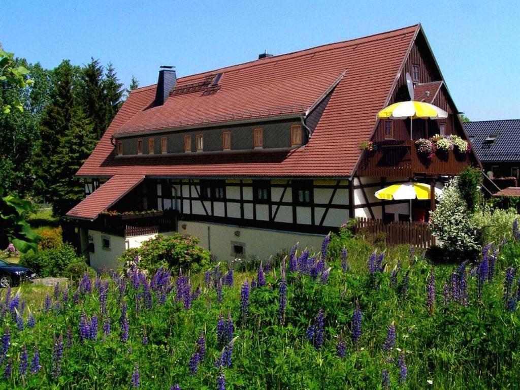 a house with a red roof and a field of flowers at Holiday apartment landhaus Sorgenfrei in Ehrenberg