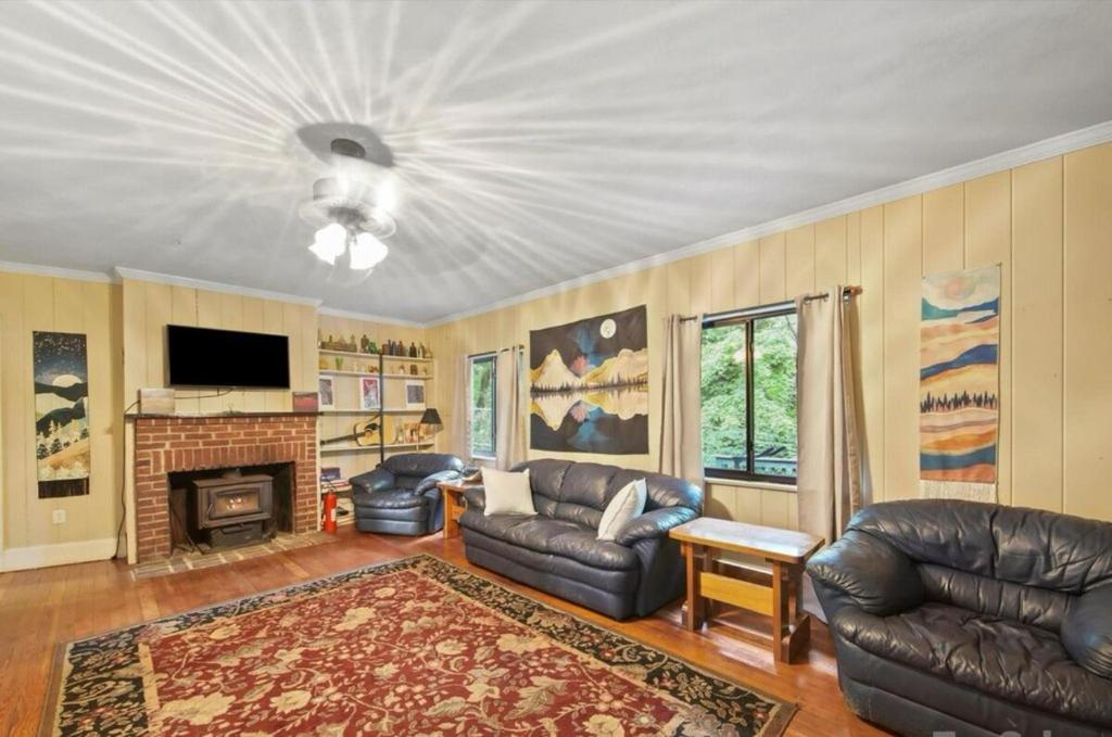 a living room with leather furniture and a fireplace at Mountain Cottage on 7 Acres in Tryon