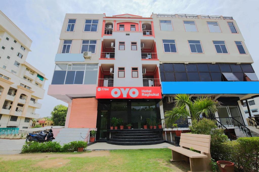 a building with a noo sign in front of it at Hotel O Raghukul in Jaipur