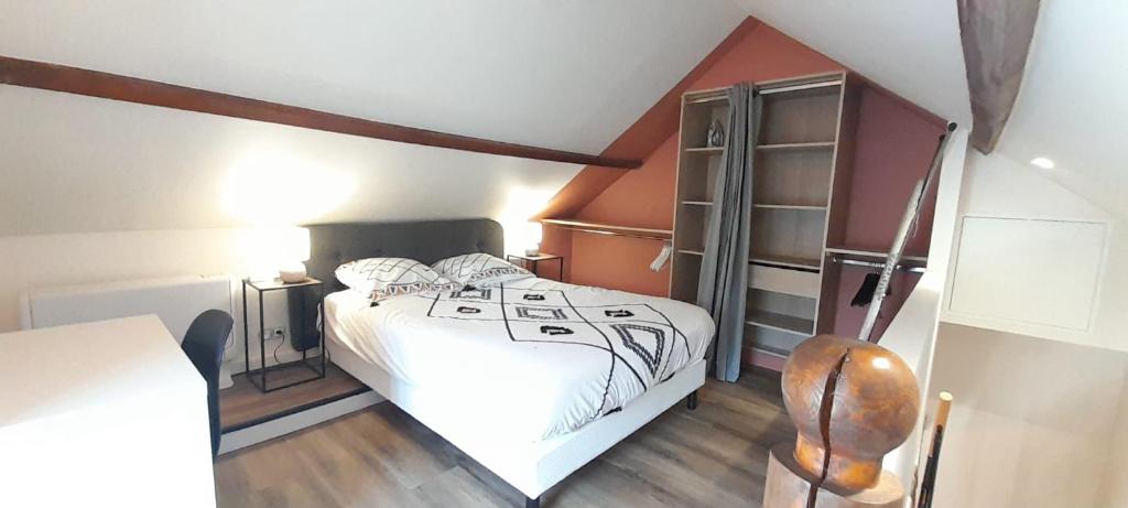 a bedroom with a bed and a book shelf at Joli duplex centre ville terrasse wifi clim in Châteauroux