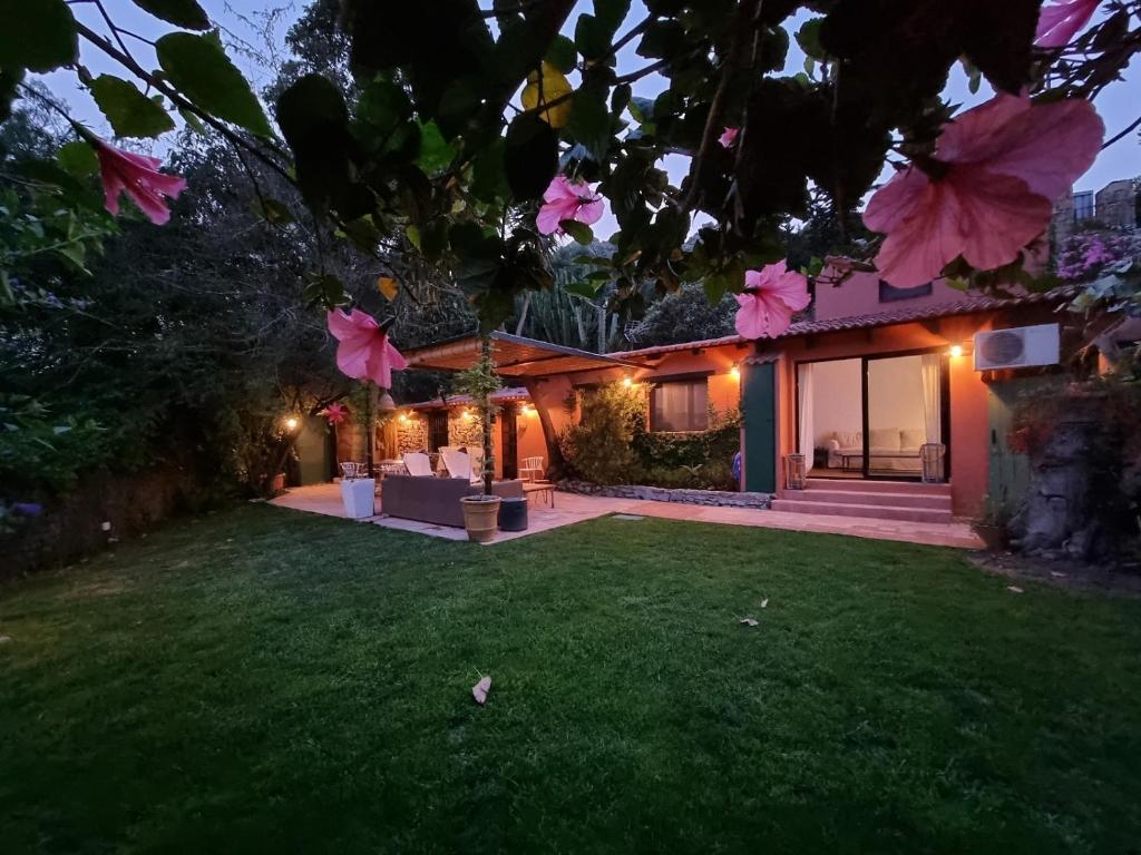 a backyard of a house with pink flowers at Casa rural en el Parque Natural de los Alcornocales in Jimena de la Frontera