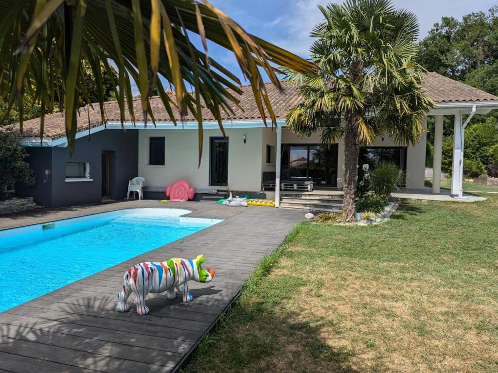 a toy dog next to a swimming pool at Maison avec jardin clos et piscine privée - FR-1-653-279 in Soyaux