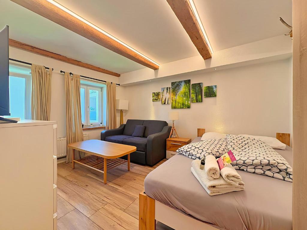 a bedroom with a bed and a couch and a table at City Center Old Town Studio in Innsbruck