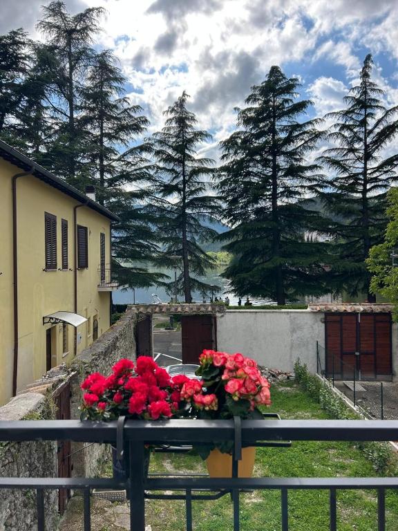 a table with red flowers on top of a fence at Piediluco House - La Casa di Caio in Piediluco