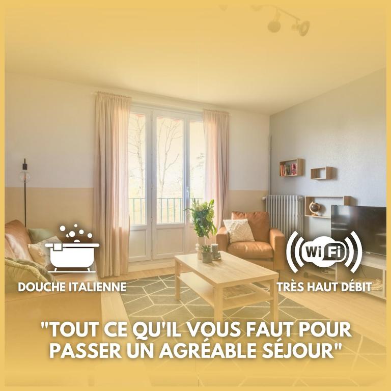 a living room with a couch and a table at Le Grandmont - 100m du parc - au pied de la faculté des sciences in Tours
