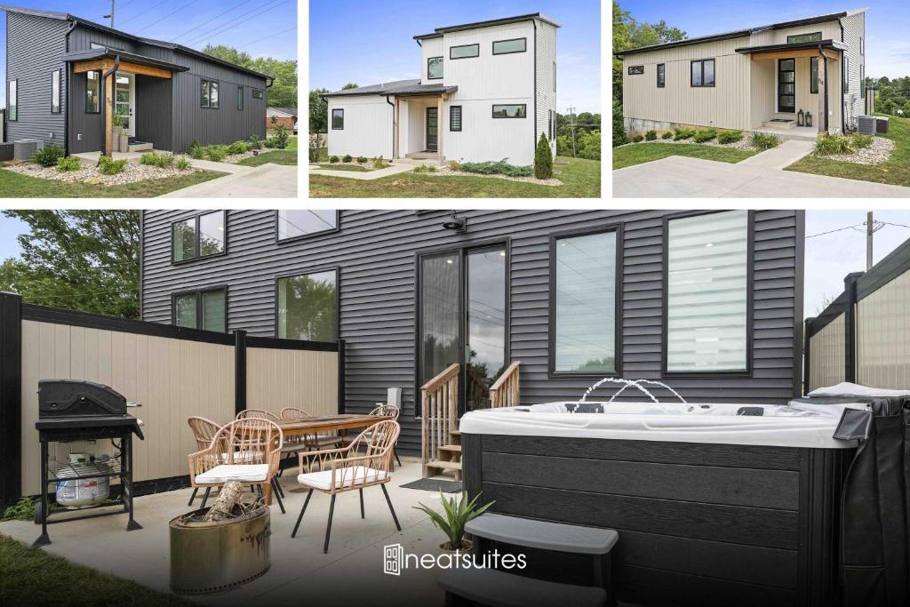 three pictures of a house with a hot tub at Dry Ridge Village - 3 Houses - Close to Ark- Hot Tubs in Dry Ridge