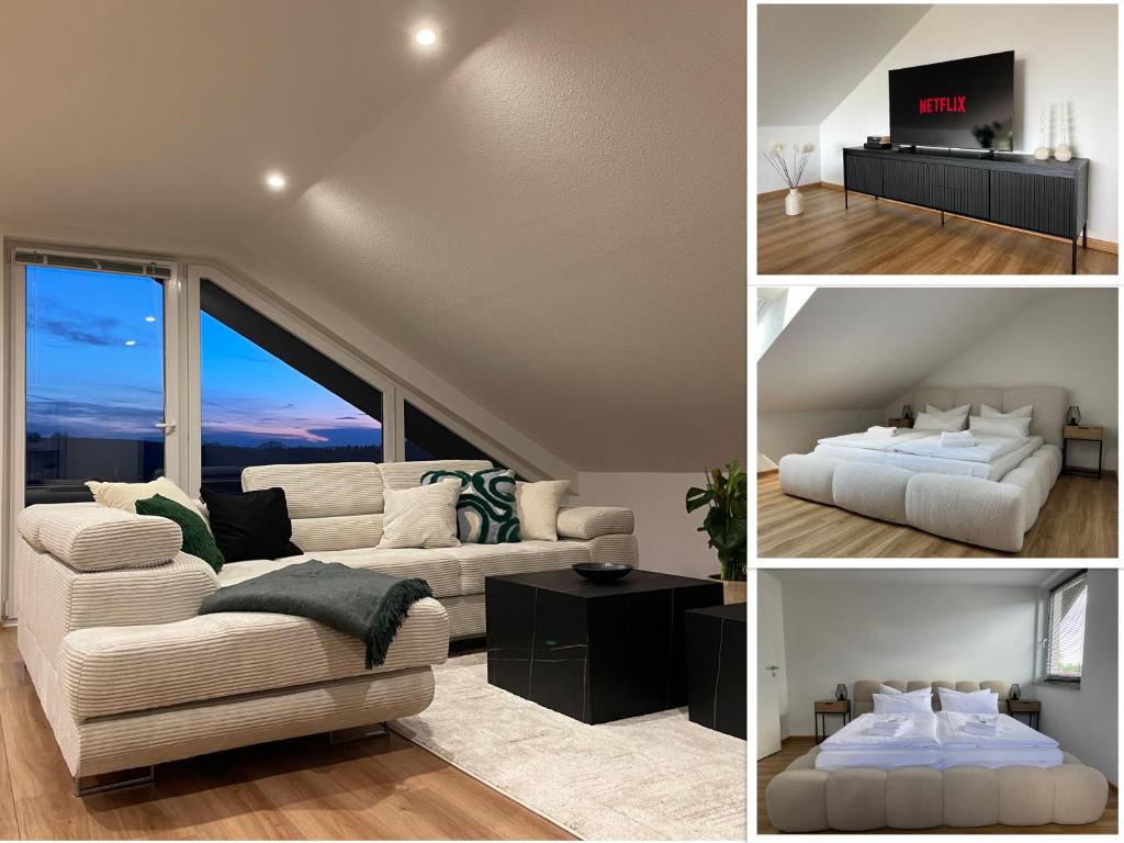 a living room with a couch and a bed at MaMa-Apartments - Netflix, Balkon, Kaffee & Tee, WIFI, Waschmaschine, familienfreundlich, kostenloser Parkplatz - 125 qm in Fulda