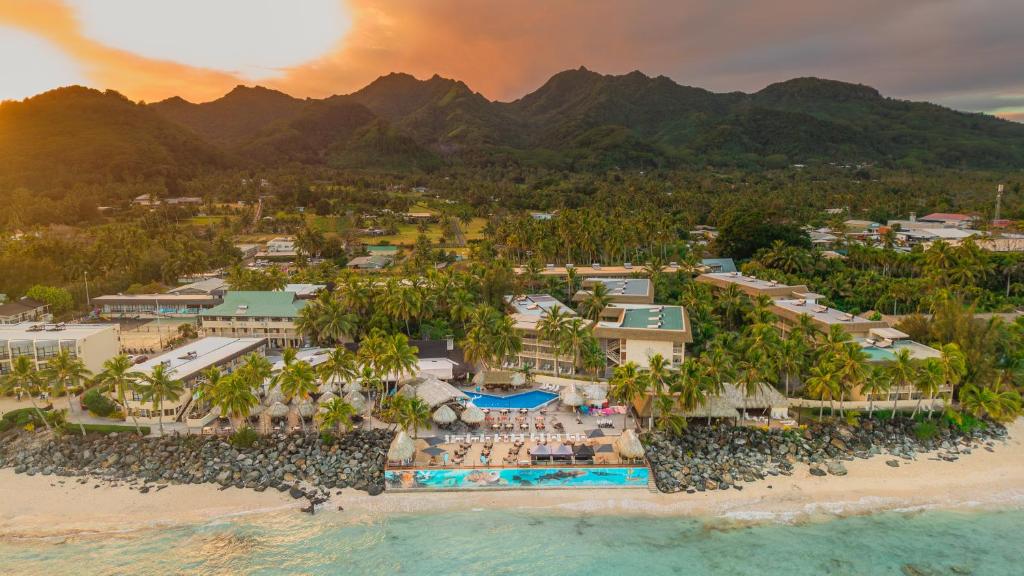 an aerial view of the resort and the beach at The Edgewater Resort & Spa in Rarotonga