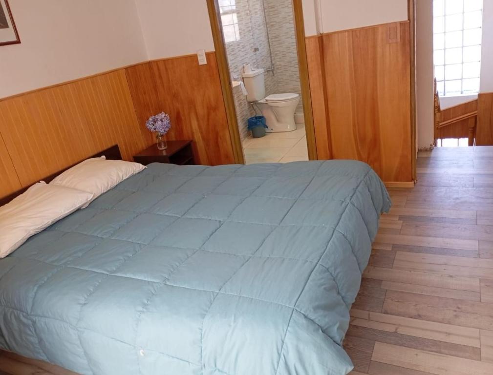 a bedroom with a bed with a blue comforter at Lomas San Andres in El Cerrillo