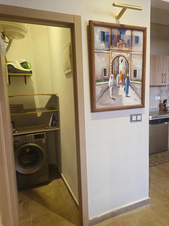 a painting hanging on a wall next to a washing machine at Super Cosy in Essaouira