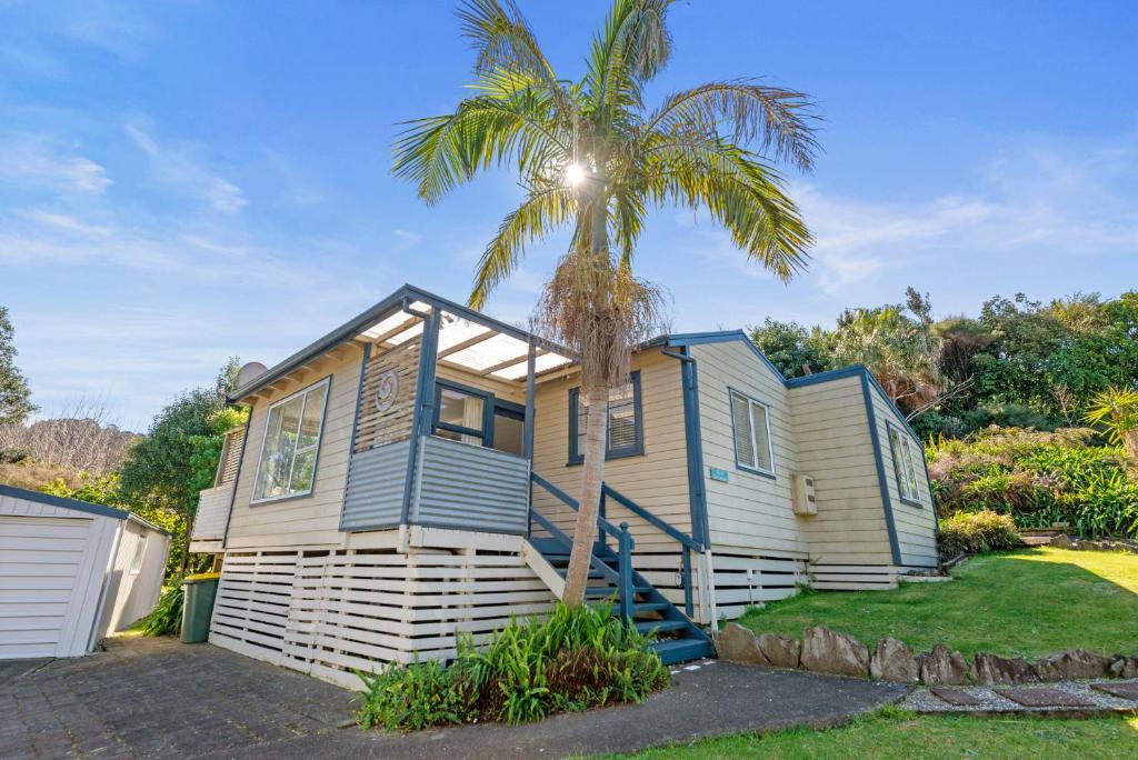 a blue and white house with a palm tree at The Cottage - Waihi Beach Holiday home in Waihi Beach
