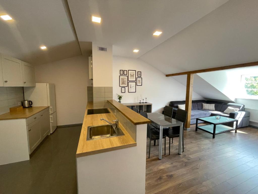 a kitchen and living room with a sink and a table at newTown City Center Apartment Kaunas in Kaunas