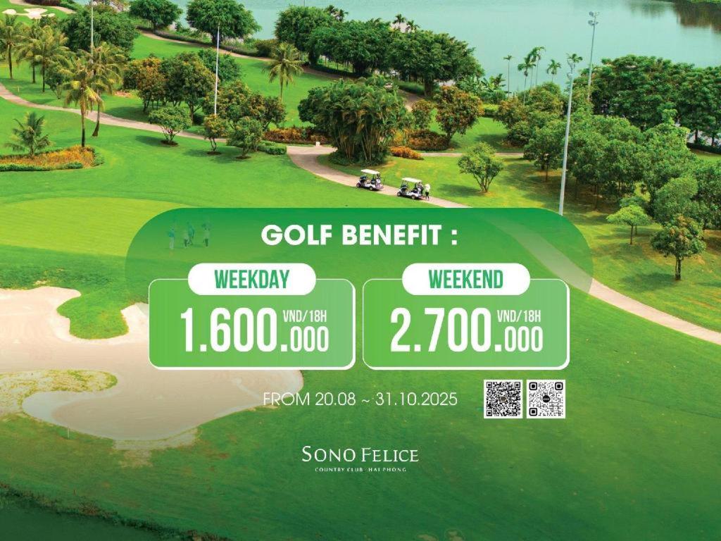 an aerial view of the golf benefit course at the golf resort at Sono Belle Haiphong in Hai Phong