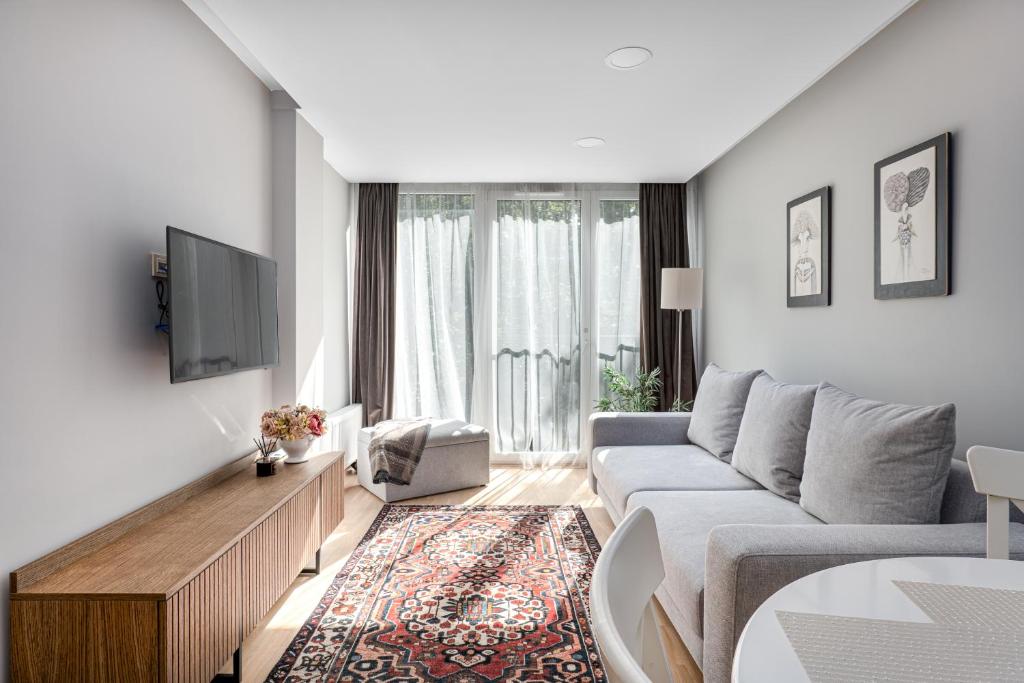 ein Wohnzimmer mit Sofa und Fernseher in der Unterkunft Central Square Apartments in Palanga